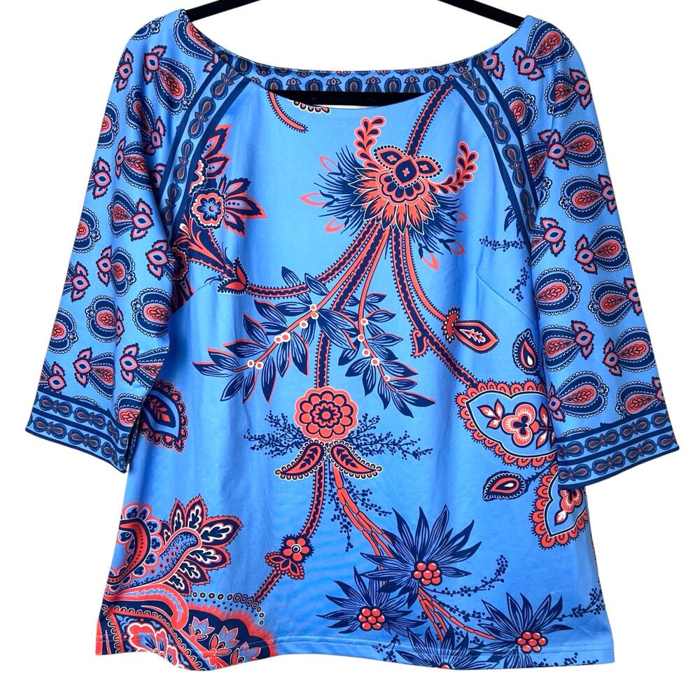 Gretchen Scott Designs Boatneck Stretch Jersey Paisley Floral Top Blue Coral Lrg